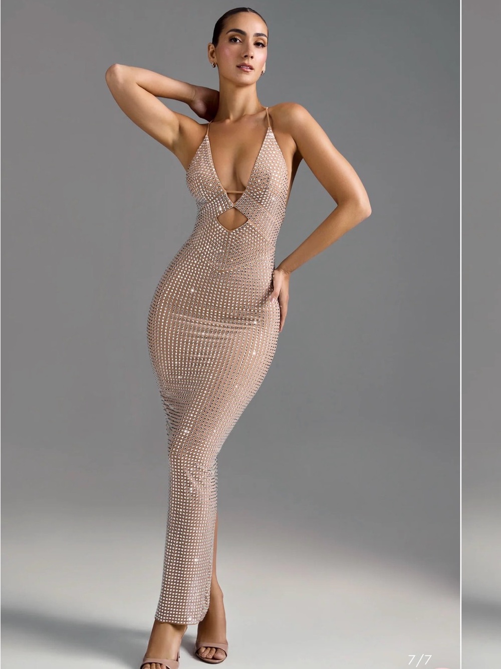 Oh Polly Nude Embellished Plunge Maxi Dress - Picture 2 of 4